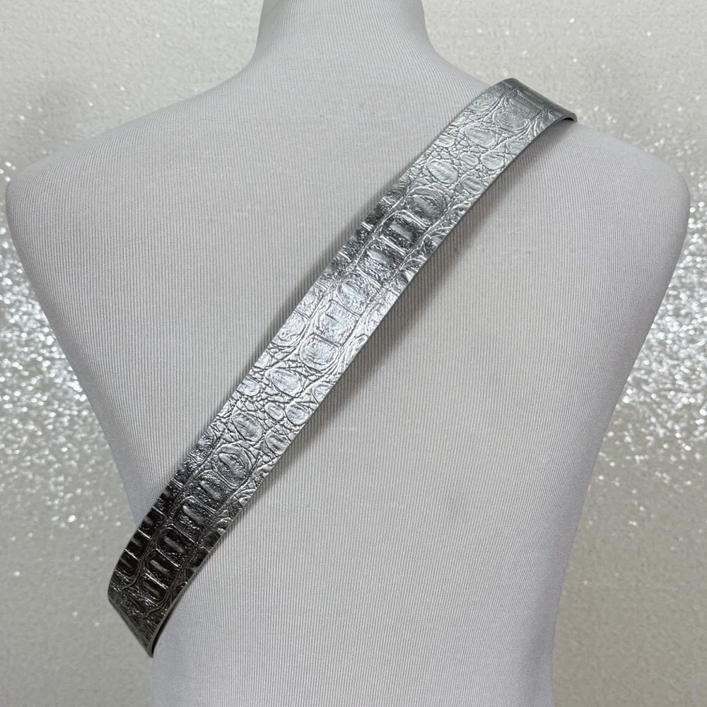GUESS Silver Belt Rhinestone Buckle Metallic Faux Leather 38- 42 Waist